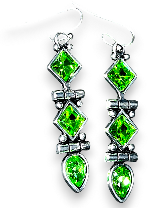 Sterling Silver Green Crystal Drop Dangle Earrings Geometric Design 2”