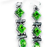 Sterling Silver Green Crystal Drop Dangle Earrings Geometric Design 2”