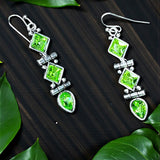 Sterling Silver Green Crystal Drop Dangle Earrings Geometric Design 2”
