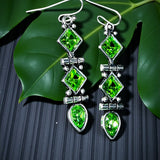 Sterling Silver Green Crystal Drop Dangle Earrings Geometric Design 2”