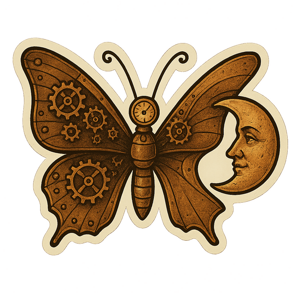 4" Steampunk Butterfly Decal-Clockwork Gears Moth & Crescent Moon Vinyl Sticker
