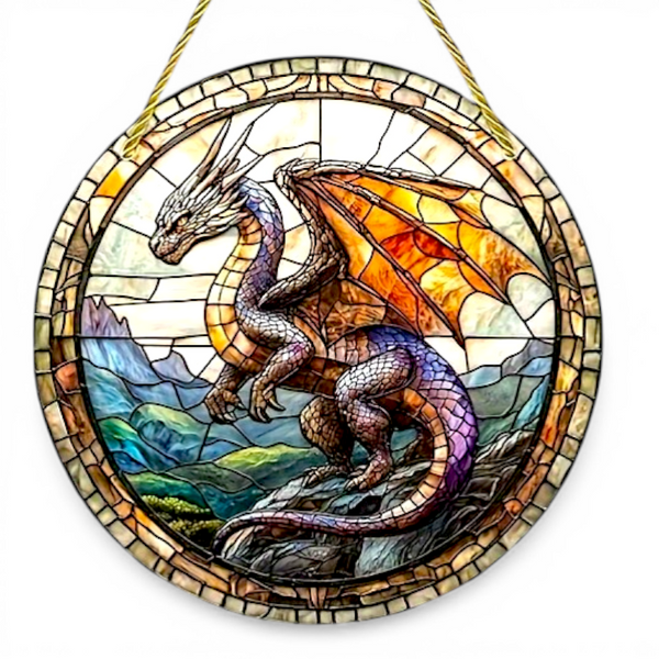 8" Dragon Faux Stained Glass Suncatcher Fantasy Window Hanging Decor