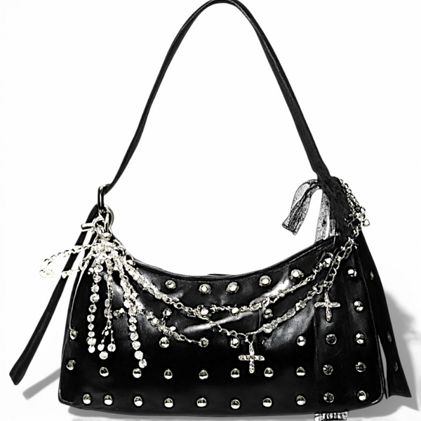 Gothic Punk Studded Shoulder Bag Pearl Chain Cross Charm Black Purse