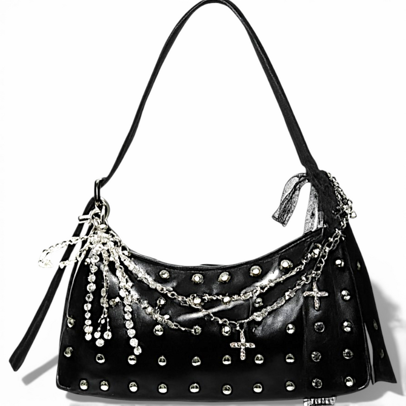 Gothic Punk Studded Shoulder Bag Pearl Chain Cross Charm Black Purse