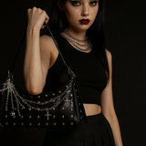 Gothic Punk Studded Shoulder Bag Pearl Chain Cross Charm Black Purse