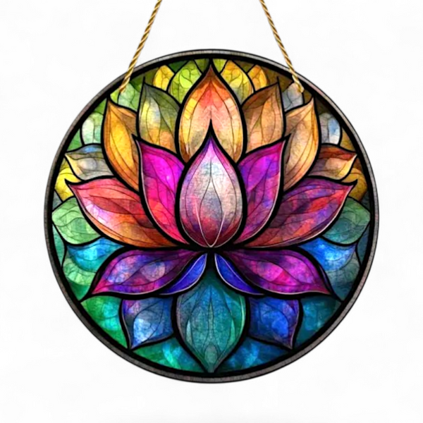 Lotus Flower Suncatcher 8” Faux Stained Glass Window Hanging Decor Colorful