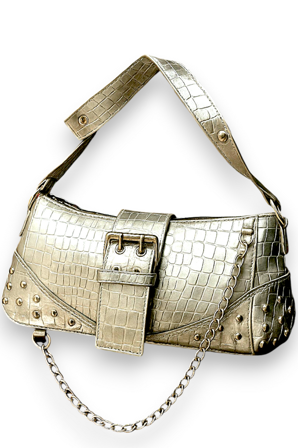 Silver Croc Embossed Studded Chain Shoulder Bag Buckle Y2K Baguette Purse NEW