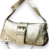 Silver Croc Embossed Studded Chain Shoulder Bag Buckle Y2K Baguette Purse NEW