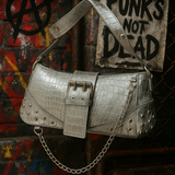 Silver Croc Embossed Studded Chain Shoulder Bag Buckle Y2K Baguette Purse NEW