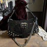 Silver Croc Embossed Studded Chain Shoulder Bag Buckle Y2K Baguette Purse NEW