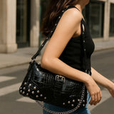 Silver Croc Embossed Studded Chain Shoulder Bag Buckle Y2K Baguette Purse NEW