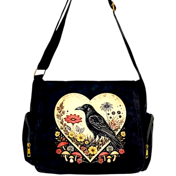 Gothic Raven Wildflower Heart Canvas Messenger Bag Black Crossbody Satchel NEW