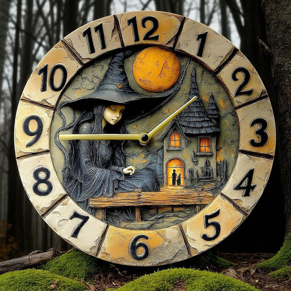 Gothic Witch Wall Clock 8” Silent Metal Fairy Cottage Halloween Home Decor
