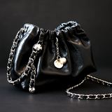 Gothic PU Leather Drawstring Chain Shoulder Bag – Black Mini Purse for Women