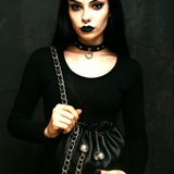Gothic PU Leather Drawstring Chain Shoulder Bag – Black Mini Purse for Women
