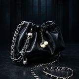 Gothic PU Leather Drawstring Chain Shoulder Bag – Black Mini Purse for Women