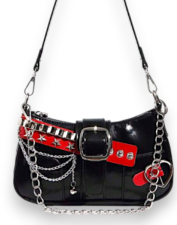 Black Punk Studded Shoulder Bag Red Strap Chain Y2K Gothic Alt Purse