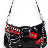 Black Punk Studded Shoulder Bag Red Strap Chain Y2K Gothic Alt Purse