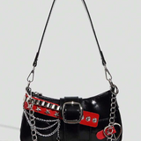 Black Punk Studded Shoulder Bag Red Strap Chain Y2K Gothic Alt Purse