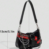 Black Punk Studded Shoulder Bag Red Strap Chain Y2K Gothic Alt Purse