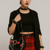 Black Punk Studded Shoulder Bag Red Strap Chain Y2K Gothic Alt Purse