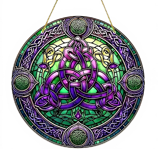 Celtic Knot Suncatcher Faux Stained Glass Purple Green 8" Decor