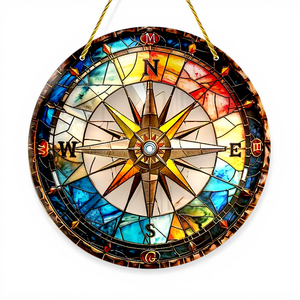 Compass Suncatcher Faux Stained Glass Nautical Window Hanging 9" Decor