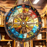 Compass Suncatcher Faux Stained Glass Nautical Window Hanging 9" Decor