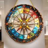 Compass Suncatcher Faux Stained Glass Nautical Window Hanging 9" Decor