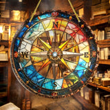 Compass Suncatcher Faux Stained Glass Nautical Window Hanging 9" Decor