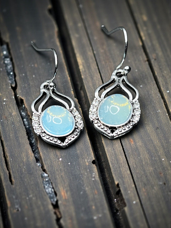 Blue Opalite Heart Drop Earrings Silver Tone 1" Dangle Boho Gift