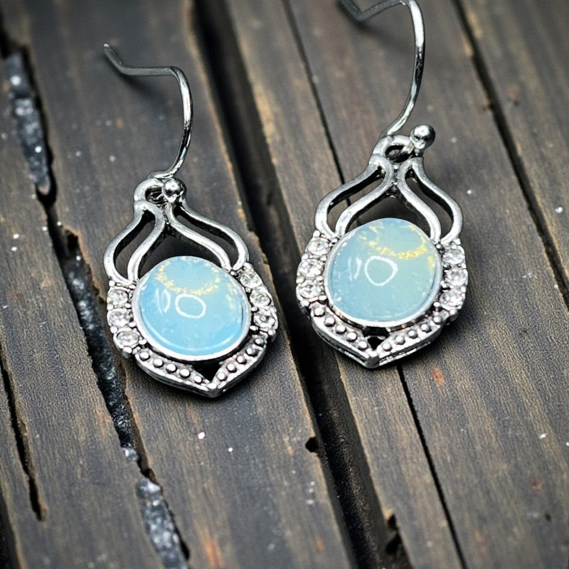 Blue Opalite Heart Drop Earrings Silver Tone 1" Dangle Boho Gift
