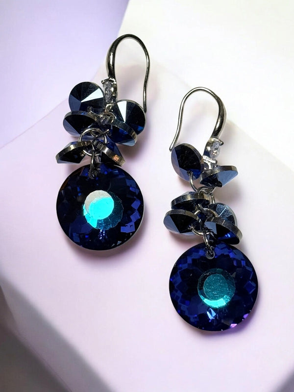 Blue Crystal Dangle Earrings 2in | Faceted Bead Cluster Hook Earrings