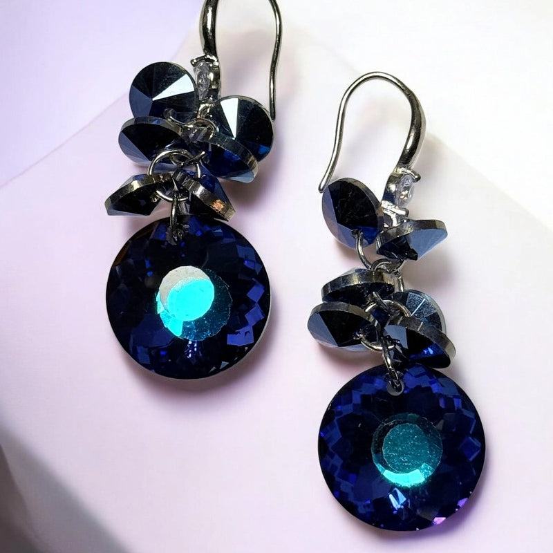 Blue Crystal Dangle Earrings 2in | Faceted Bead Cluster Hook Earrings