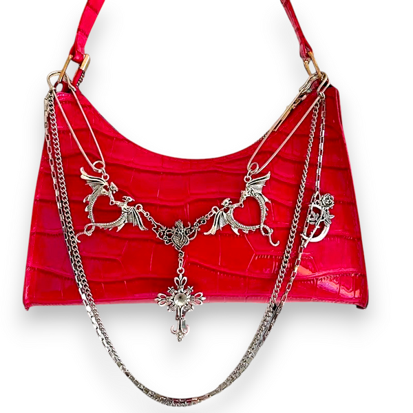 Rose Red Gothic Dragon Chain Shoulder Bag Punk Y2K Croc Purse Alt Crossbody