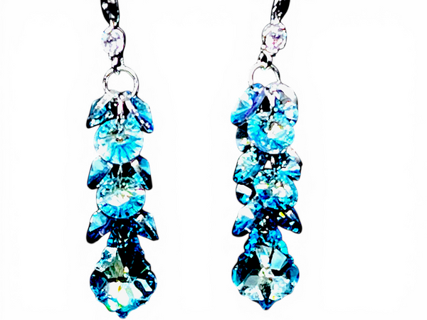 Blue Crystal Dangle Earrings 2.5in | Faceted Bead Cluster Hook Earrings