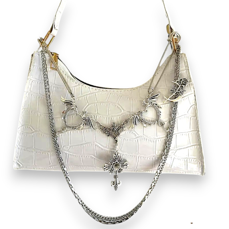 Gothic Skull Chain Shoulder Bag White Punk Crossbody Purse Y2K Alt