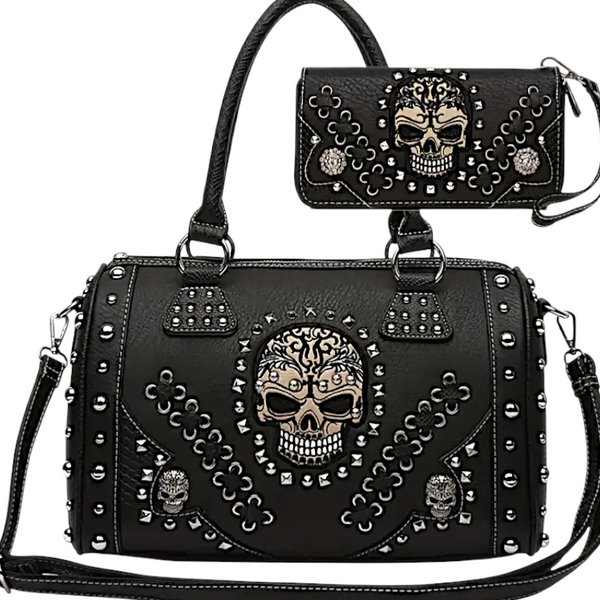 Gothic Skull Barrel Purse and Wallet Set Studded Black Punk Crossbody Bag