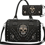 Gothic Skull Barrel Purse and Wallet Set Studded Black Punk Crossbody Bag