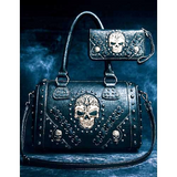 Gothic Skull Barrel Purse and Wallet Set Studded Black Punk Crossbody Bag