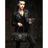 Gothic Skull Barrel Purse and Wallet Set Studded Black Punk Crossbody Bag