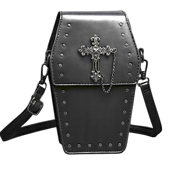 Black Gothic Coffin Crossbody Bag with Studs & Chain | Punk Rock Shoulder Purse