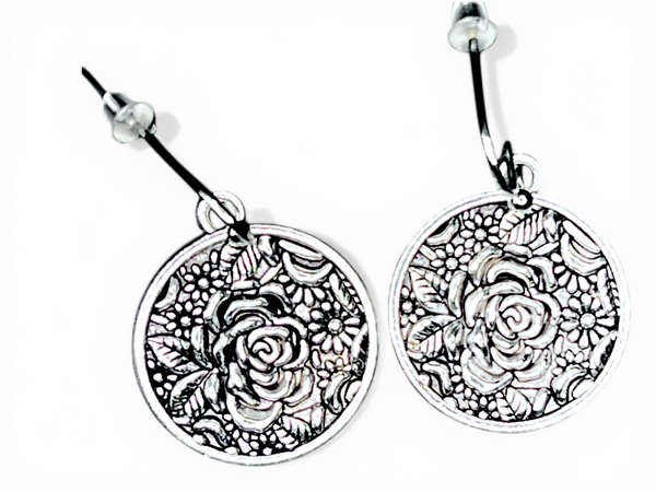 Sterling Silver Rose Earrings Floral Dangle Round Boho Jewelry Gift