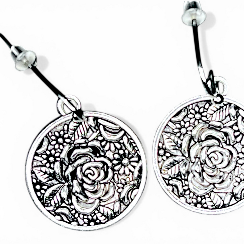 Sterling Silver Rose Earrings Floral Dangle Round Boho Jewelry Gift