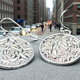 Sterling Silver Rose Earrings Floral Dangle Round Boho Jewelry Gift