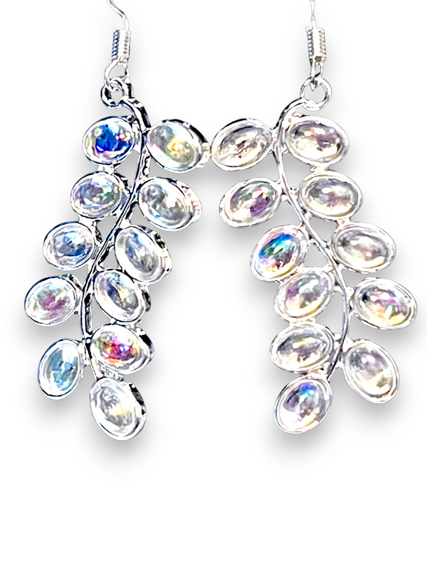 Sterling Silver Iridescent Cabochon Branch Dangle Earrings Leaf Drop 2.5”
