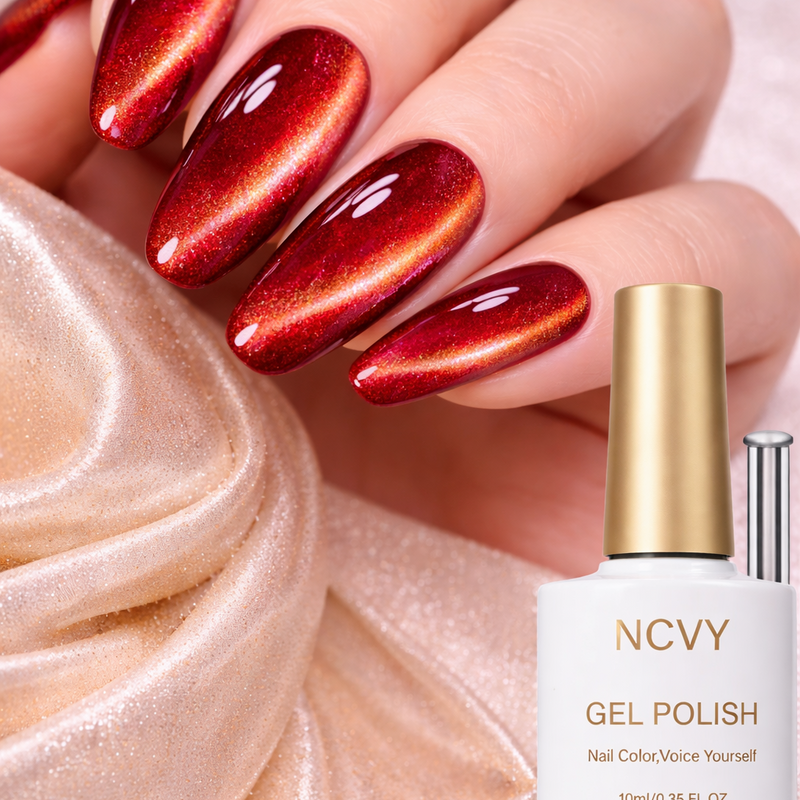NCVY Red Gold Cat Eye Gel Polish Magnetic Glitter UV LED Nail Art 10ml
