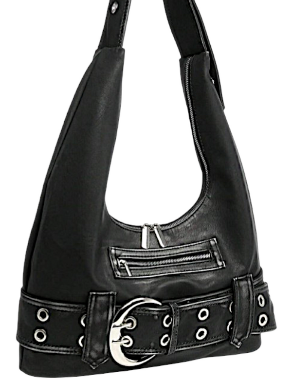 Black Punk Rock Shoulder Bag w/ Belt Buckle – Goth Grunge Hobo Purse