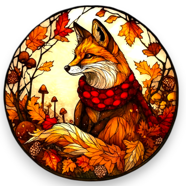 Autumn Fox Suncatcher 8 Inch Faux Stained Glass Window Decor Acrylic Round
