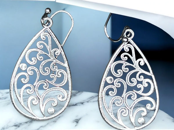 Silver Filigree Teardrop Earrings 2in | Lightweight Dangle Hook Earrings